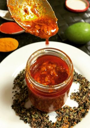 A picture of Raw Mango Pickle with Panch Phoron Flavour.