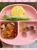 กุ้ง+ปลากะพงผัดพริกหวานกับข้าวคลุกไข่