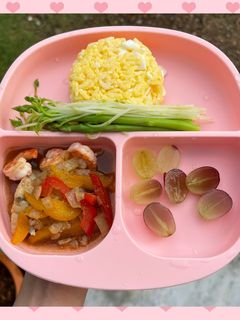 รูปของ กุ้ง+ปลากะพงผัดพริกหวานกับข้าวคลุกไข่
