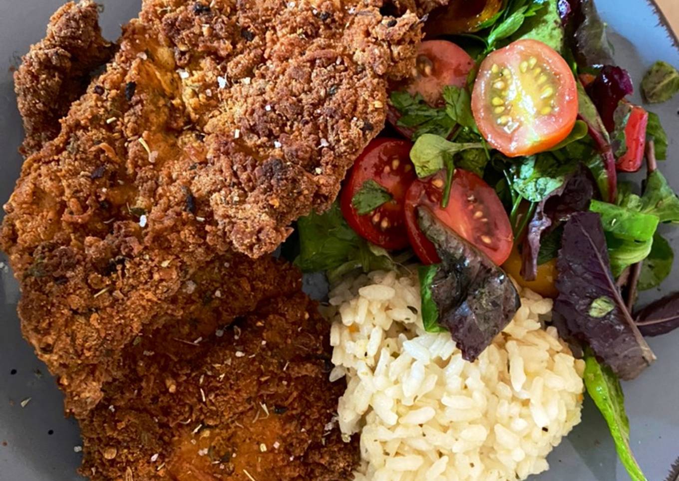 Chicken Schnitzel with salad & Rice