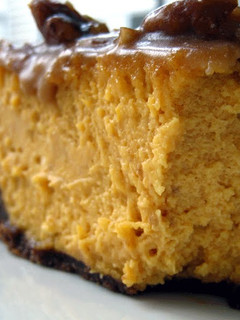 A picture of Pumpkin Cheesecake with Gingersnap crust & Praline Caramel topping.