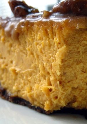 A picture of Pumpkin Cheesecake with Gingersnap crust & Praline Caramel topping.