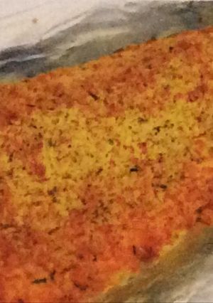 A picture of Oven baked salmon breadcrumbs .
