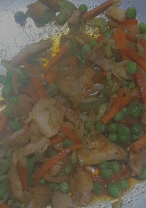 A picture of Chicken with mix vegetables.