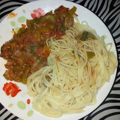 A picture of Spaghetti with beef stew.