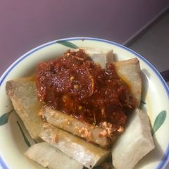 A picture of Fried Yam and Stew.