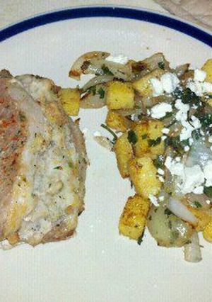 A picture of Cowboy's feta polenta and onions.