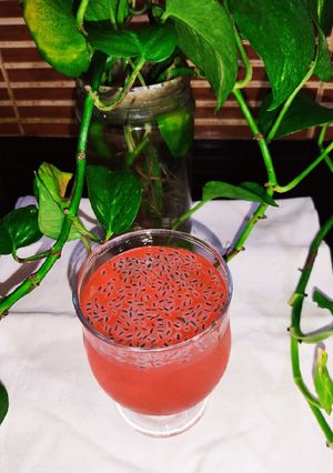 A picture of Chia Seeds in Red Drink.