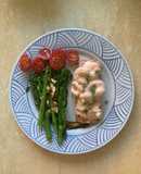 Garlic fry stirred veggies and Grilled Salmon with Prawn Cocktail