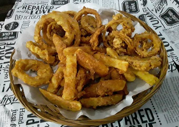 Resep termudah buat Onion Rings N French Fries 🌰🥔 very tasty n crispy yang enak