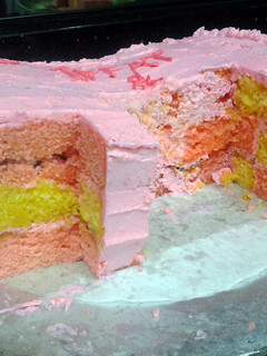 A picture of pink & white cake.