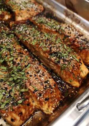 A picture of Grilled marinated salmon with Tarragon herb.
