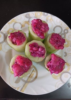 A picture of Beet Raita in Cucumber Cups.