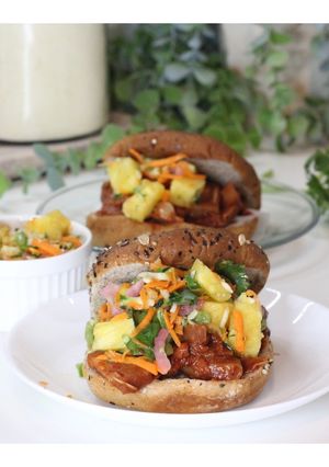A picture of BBQ jackfruit sandwich with pineapple slaw.