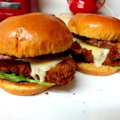 A picture of My Breaded Chicken Burger with Bacon,Cheese & BBQ Sauce. 🥰.