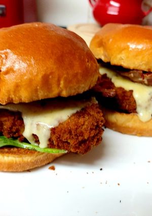 A picture of My Breaded Chicken Burger with Bacon,Cheese & BBQ Sauce. 🥰.
