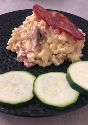 Une photo de Coquillettes sauce courgette / chorizo doux