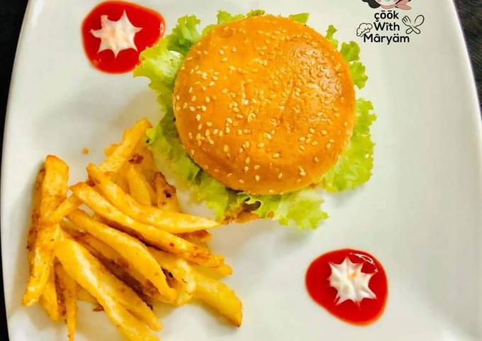 Simple Way to Make Any-night-of-the-week Chicken shami burger with crunchy fries 😋👌