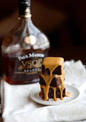 A picture of Fudgy Brownies with Salted Caramel Brandy Glaze.