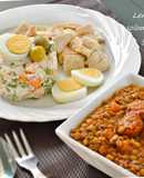 Lentejas guisadas, solomillo en papillote y ensaladilla.