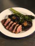 Duck breast ‘yakitori’ with garlic mushrooms and tender stem broccoli