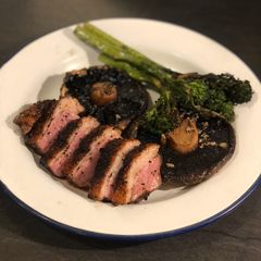 A picture of Duck breast ‘yakitori’ with garlic mushrooms and tender stem broccoli.