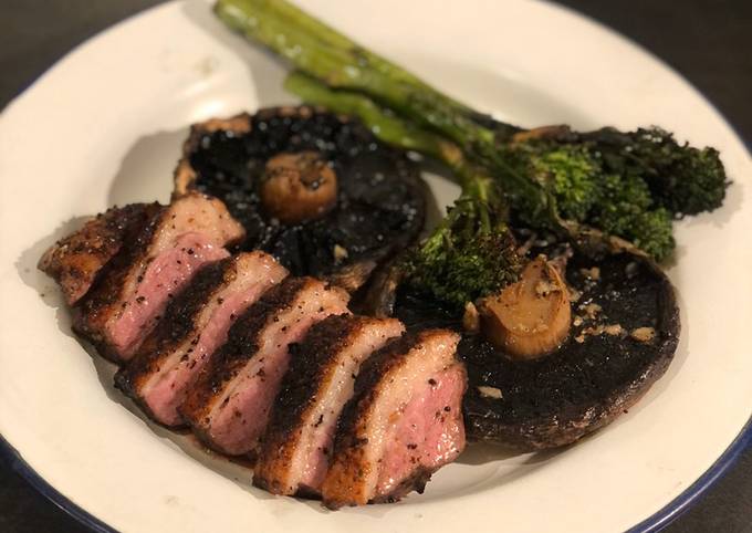 Duck breast ‘yakitori’ with garlic mushrooms and tender stem broccoli