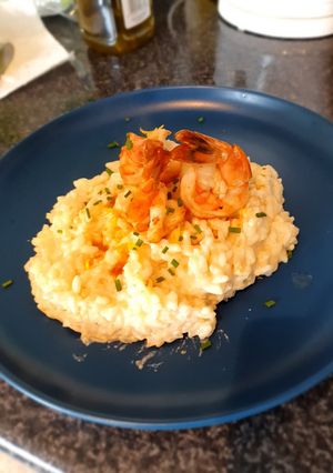 A picture of Risotto with mascarpone, lemon and king prawns.