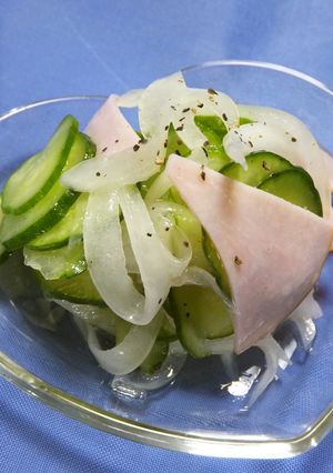A picture of Cucumber, Onion, and Ham Marinated Salad.