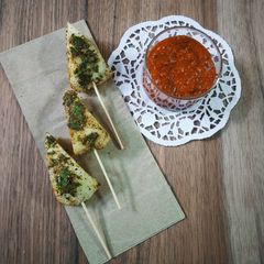 A picture of Rava Idli Satay with Peanut Sauce.
