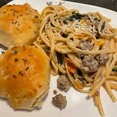 Creamy sausage & spinach pasta A picture of Creamy sausage & spinach pasta.