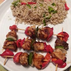 A picture of Shaslik stick with fried rice.
