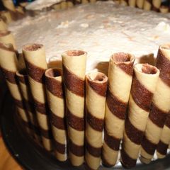 A picture of Chocolate cake with Peach Mousse.