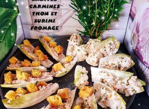 Une photo de Endives carmines surimi fromage et thon fromage croûtons