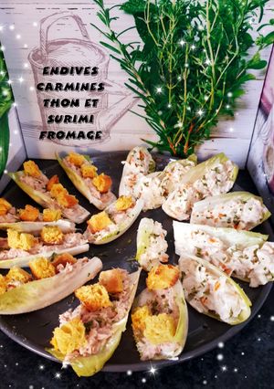 Une photo de Endives carmines surimi fromage et thon fromage croûtons