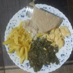 A picture of Chips eggs with greens.