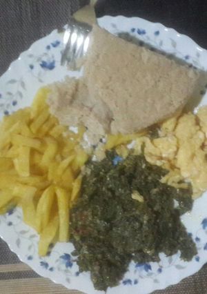 A picture of Chips eggs with greens.