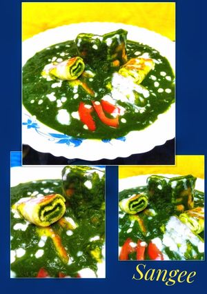 A picture of Paneer Rolls in Creamy Palak Gravy.