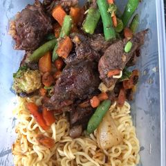 A picture of Vegetable beef toast and noodles.