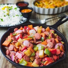 A picture of Mix veggies with chicken sausages.