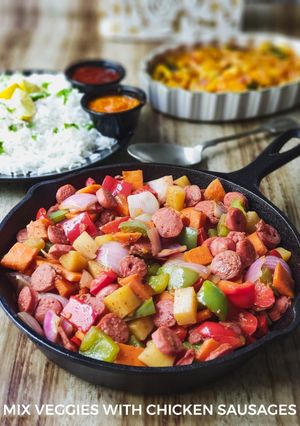 A picture of Mix veggies with chicken sausages.