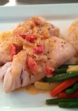 A picture of Sea Bass with a Caribbean Jerk Cream Sauce.