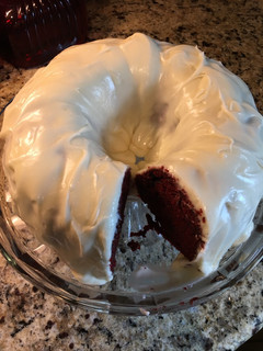 A picture of Red Velvet Chocolate Chip Cake w/Cream Cheese Icing.