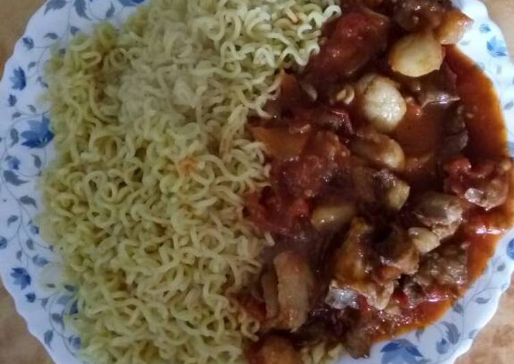 Mutton stew recipe served with noodles
