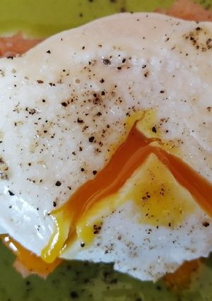 A picture of Poached Egg with Bread, Smoked Salmon, and Wild Asparagus.