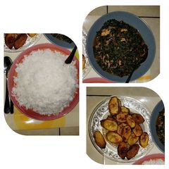 A picture of White rice and vegetable sauce and plantain.
