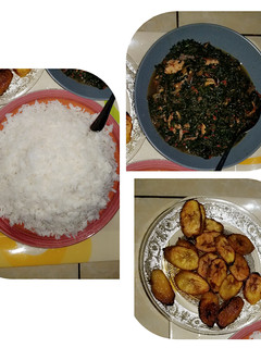 A picture of White rice and vegetable sauce and plantain.