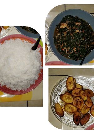 A picture of White rice and vegetable sauce and plantain.