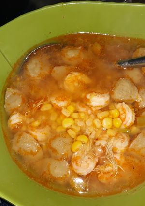 Foto resep Sup merah udang pentol jagung manis