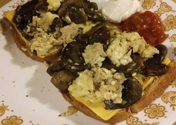 Easy Fast Cooking Mushroom Scrambled Eggs over Toast Savory Delicious Easy Fast Cooking Mushroom Scrambled Eggs over Toast Savory Delicious